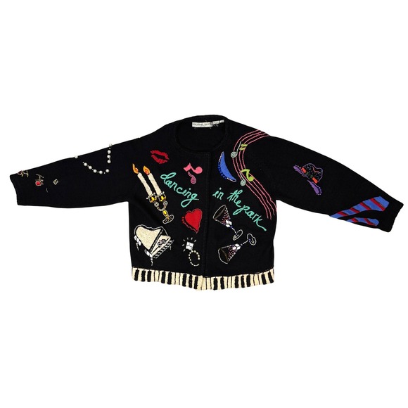 MICHAEL SIMON Dancing in the Park Beaded VTG Black Novelty Cardigan Sweater M - Picture 5 of 11